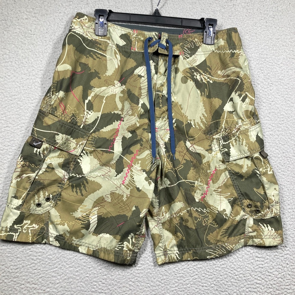 American Eagle Board Shorts Mens 32 Green Camo Abstract Cargo Pockets‎ Zip Fly